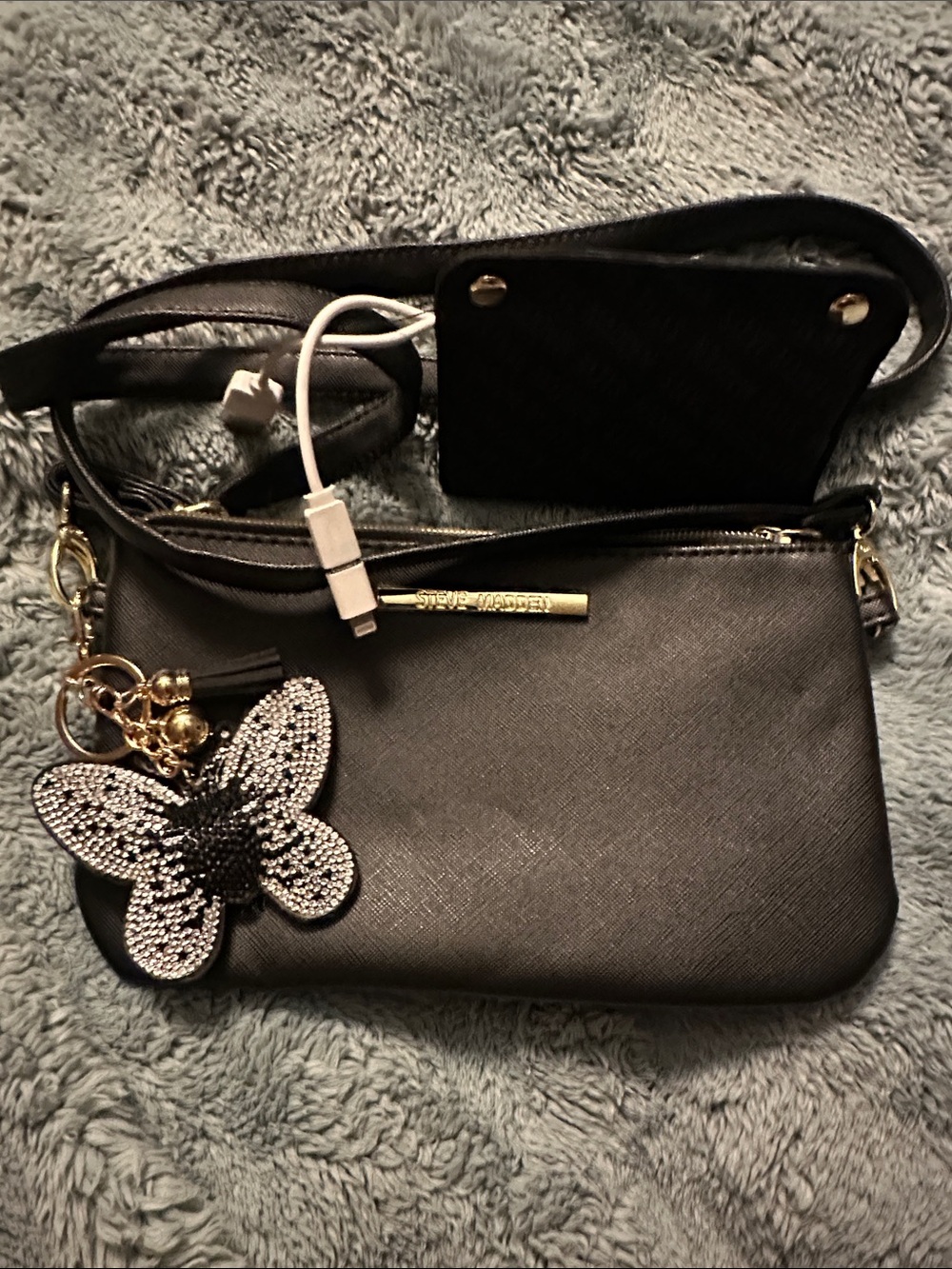 Steve Madden Black Crossbody Bag with Beaded Butterfly Charm